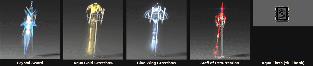 The Atlans items Crystal Sword, Aqua Gold Crossbow, Blue Wing Crossbow and Staff of Resurrection