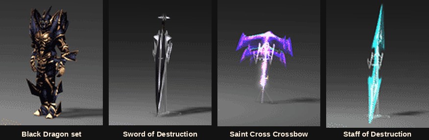 The Black Dragon armour set, Sword of Destruction, Saint Cross Crossbow and Staff of Destruction