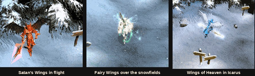 Players flying with Satan's Wings, Fairy Wings and Wings of Heaven in Mu Online