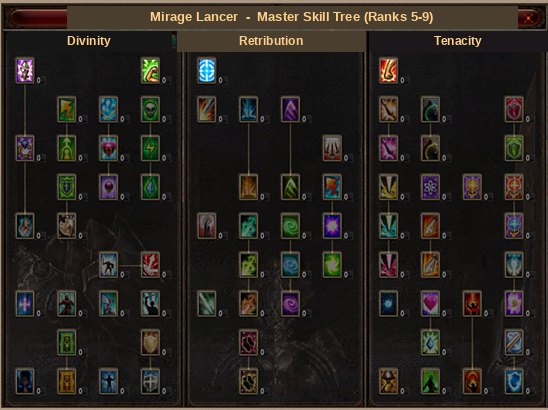 Mirage Lancer master skill tree with the Divinity, Retribution and Tenacity branches