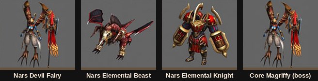 Nars Devil Fairy, Nars Elemental Beast, Nars Elemental Knight and the boss Core Magriffy