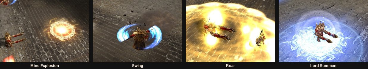 The Feria Lord's four skills: Mine Explosion, Swing, Roar and Lord Summon