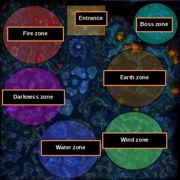 Map of Nixies Lake showing the elemental zones, entrance and boss zone