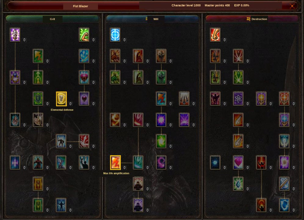 The master skill tree with the new elemental defense and max life amplification options
