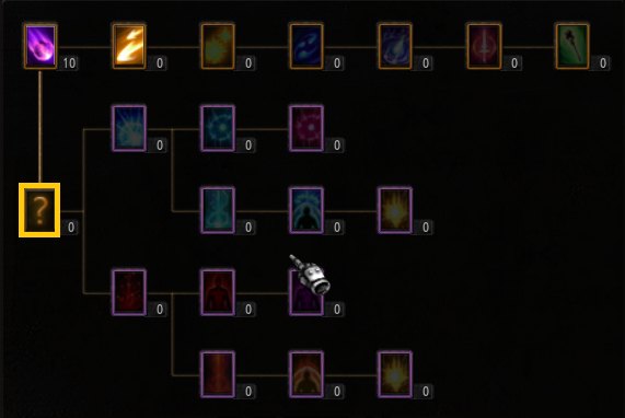 The skill enhancement tree with its locked debuff selection icon