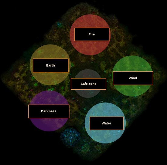 Map of the Swamp of Darkness with its fire, earth, wind, water and darkness zones