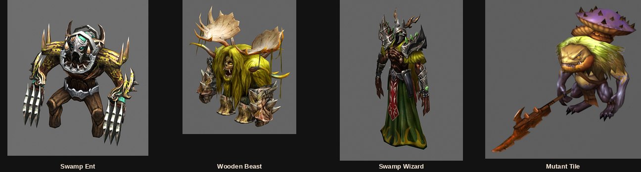 The Swamp of Darkness monsters: Swamp Ent, Wooden Beast, Swamp Wizard and Mutant Tile