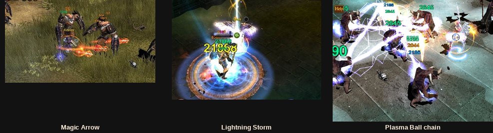 Rune Wizard skills Magic Arrow, Lightning Storm and Plasma Ball in action