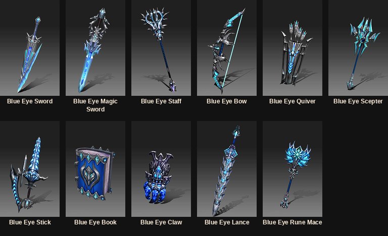 All eleven Blue Eye 5th mastery weapons