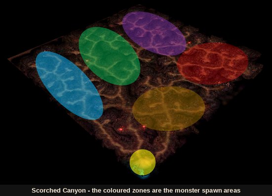 Map of the Scorched Canyon showing the monster spawn zones