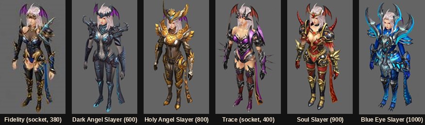 Six Slayer armour sets, from the socket Fidelity set up to Blue Eye Slayer