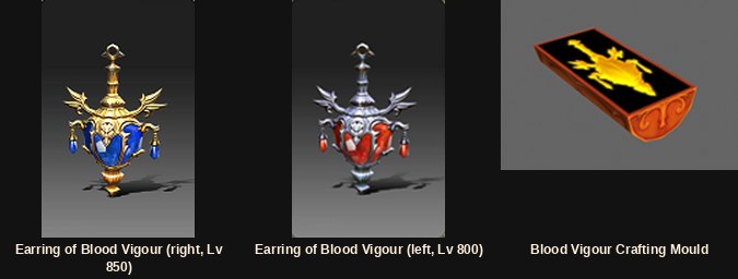 The left and right Earring of Blood Vigour with their crafting mould
