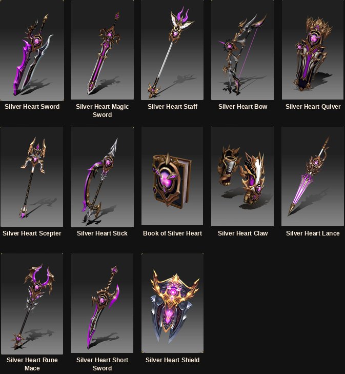 All thirteen Silver Heart 6th mastery weapons