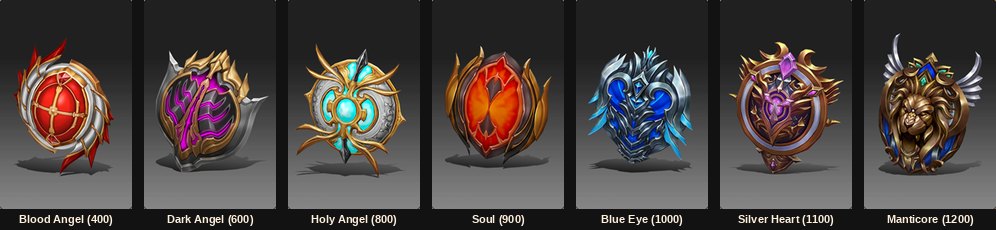The seven Fairy Shields, from Blood Angel to Manticore