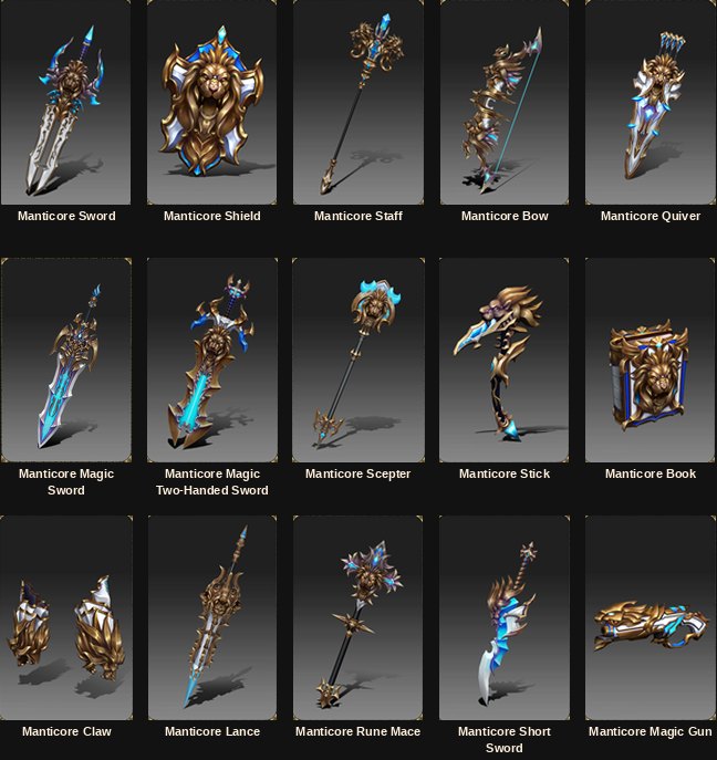 All fifteen Manticore 7th mastery weapons and the Manticore Shield