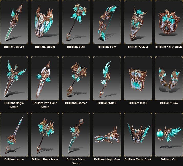 All eighteen Brilliant 8th mastery weapons and shields