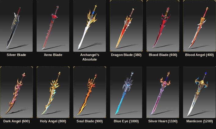 The Illusion Knight's blades, from Silver Blade to Manticore