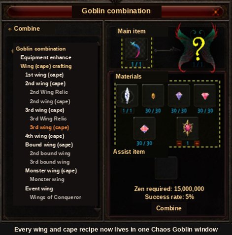 The rebuilt wing and cape crafting window