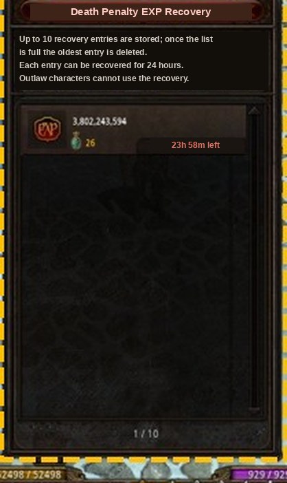 The death penalty experience recovery window in Mu Online Season 20