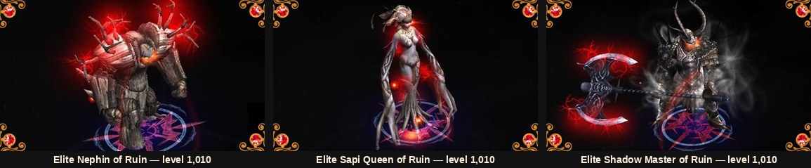 The Swamp of Ruin elite monsters at level 1,010