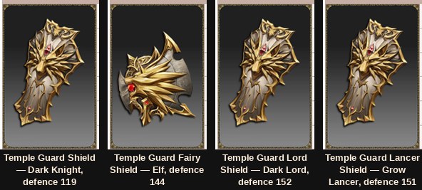 The four Temple Guard Legendary shields in Mu Online Season 20