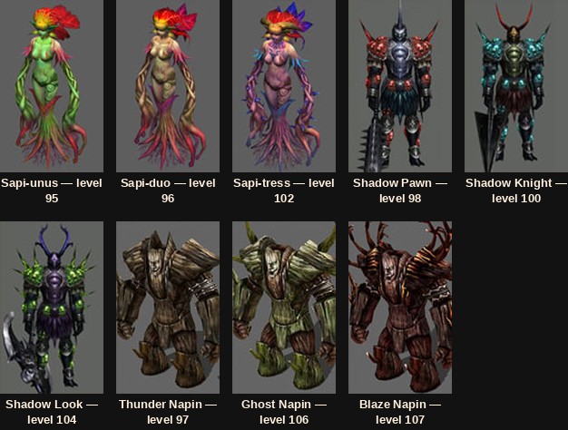 The nine Swamp of Tranquility monsters in Mu Online Season 3 Plus