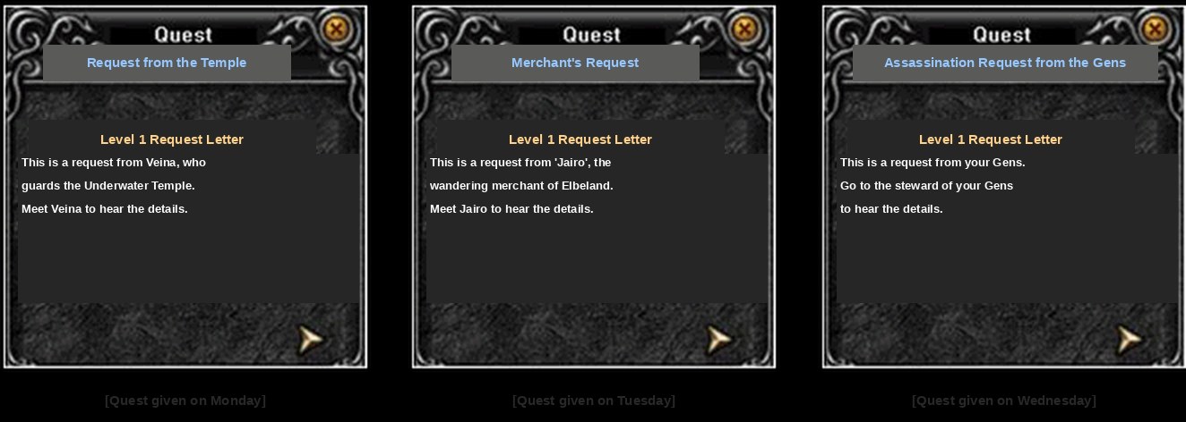 The Monday, Tuesday and Wednesday daily quest letters in Mu Online
