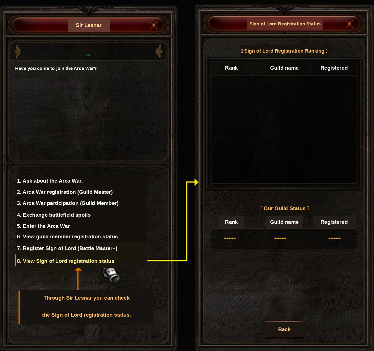 The Sign of Lord registration status window in Mu Online