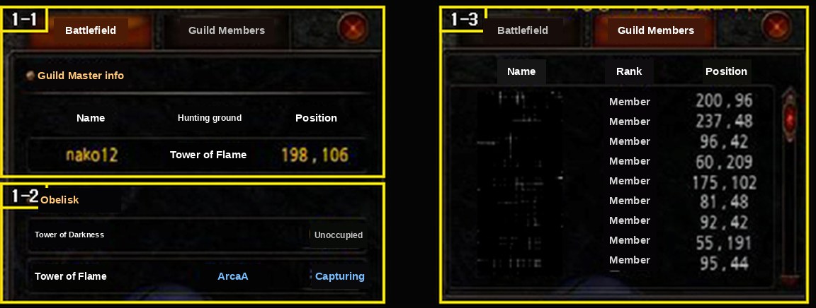 The Battlefield Status and Guild Member Status tabs of the Arca War UI