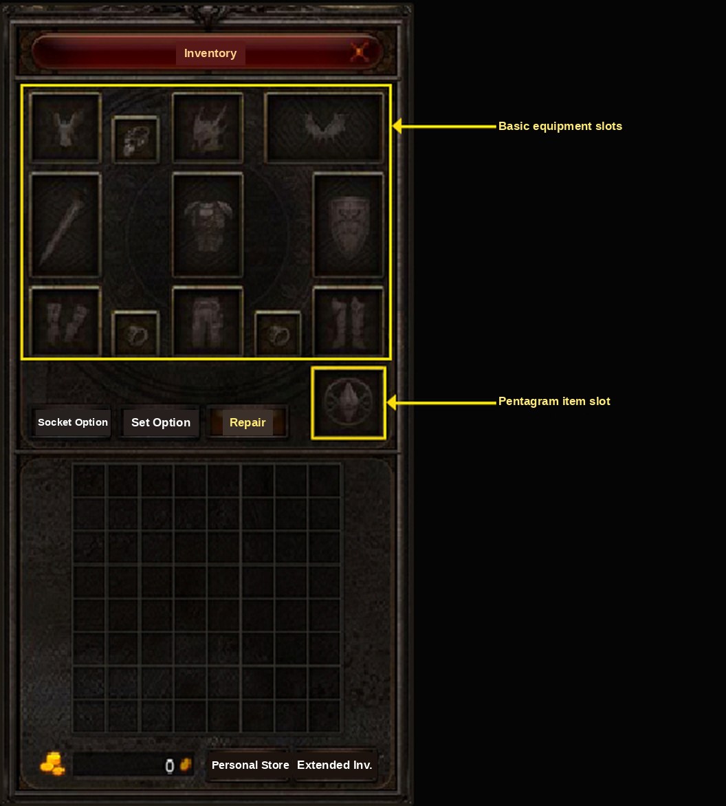 The inventory window with the equipment panel and the new Pentagram slot
