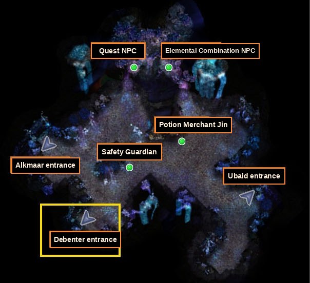 Acheron safe zone map showing Quest NPC, Elemental Combination NPC, Potion Merchant Jin, Safety Guardian and the entrances to Alkmaar, Ubaid and Debenter