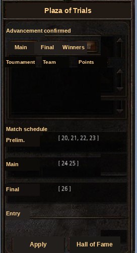 Plaza of Trials tournament window showing advancement tabs, match schedule and entry buttons